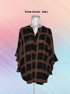 Vince Camuto size L womens top blouse brown plaid ruffled sleeves